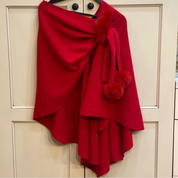 MITCHIES Red Wool Wrap W|Fox Fur Pull Through Loop & Pom Pom Accent NWOT - Picture 1 of 5